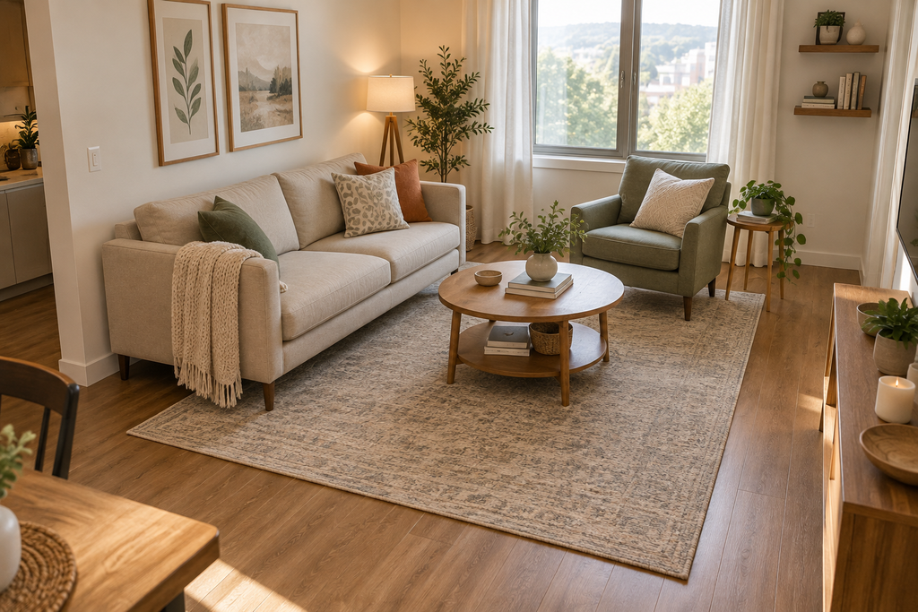 Compact seating area with the sofa and armchair front legs resting on one neutral rug.