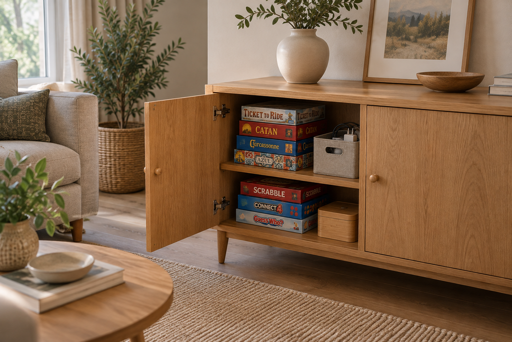 Shallow oak cabinet with closed storage for games and charging accessories.