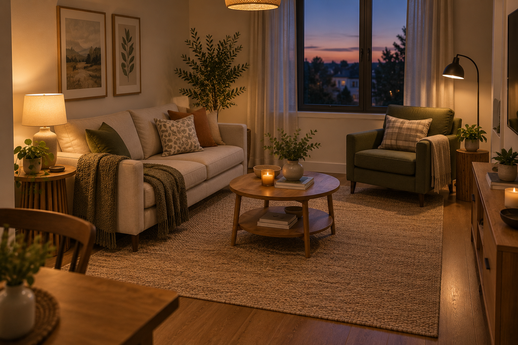 Small living room with a table lamp beside the sofa and a reading light near an armchair.