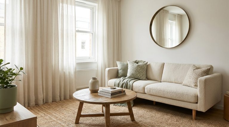 Small living room with a cream sofa, round oak coffee table, and sage-green accents