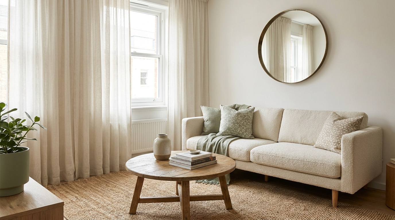Small living room with a cream sofa, round oak coffee table, and sage-green accents